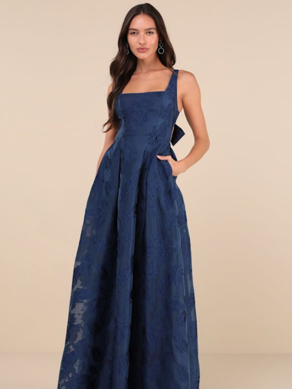Lulus Perfected Aura Navy Jacquard Tie-back Maxi Dress With Pockets Blue